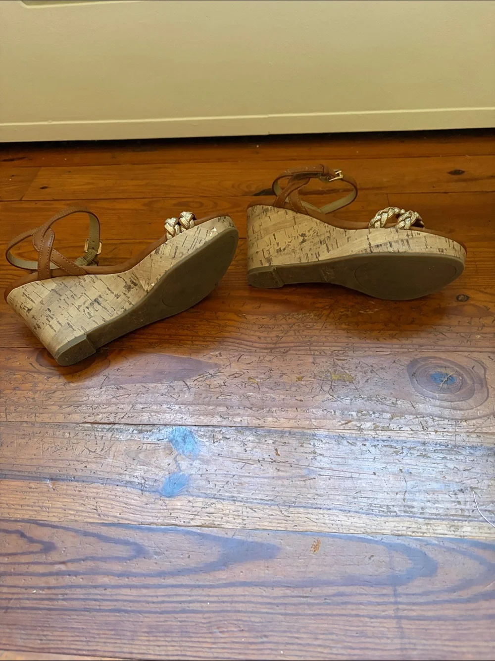 Unisa Tan Wedge Sandals with Gold Braided Straps